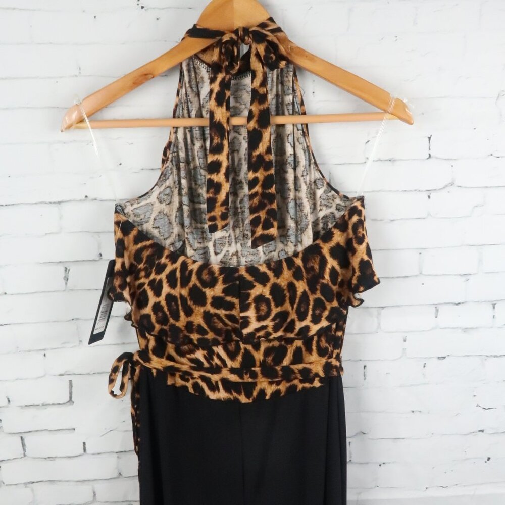 BEBE ANIMAL PRINT HIGH NECK RUFFLE HALTER WIDE LEG JUMPSUIT SIZE 8 NWT - Picture 9 of 10